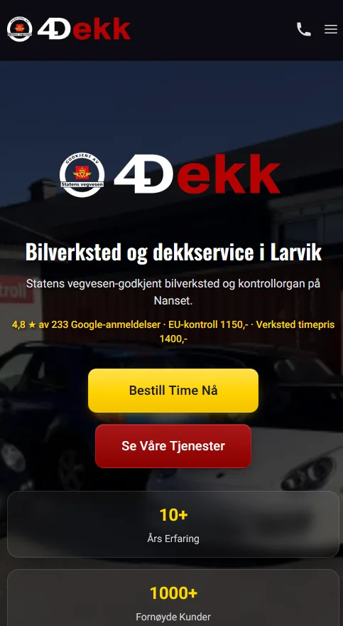 Den nye nettsiden til 4Dekk Larvik på mobil.