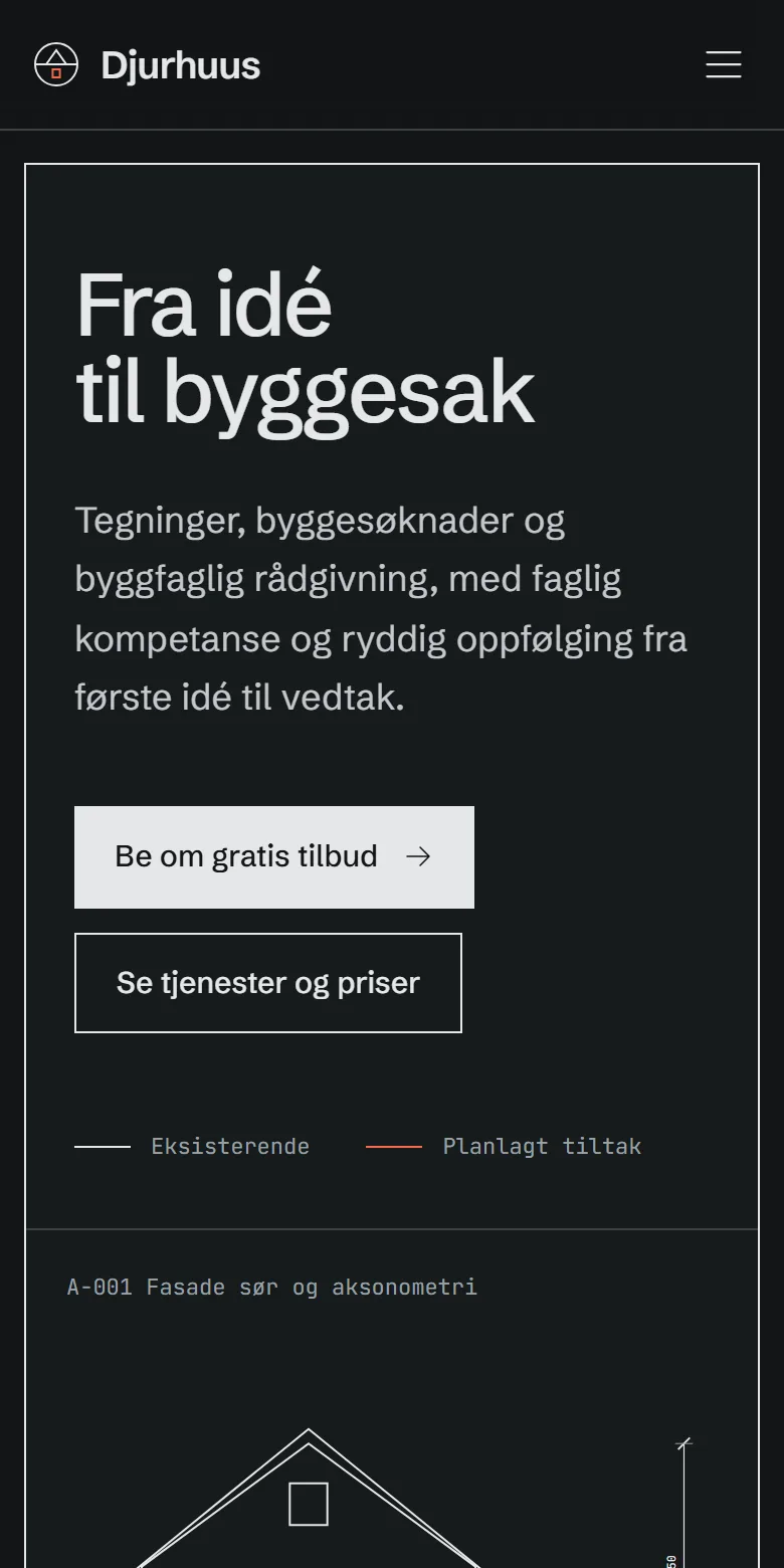 Forsiden til djurhuus.no med overskriften «Fra idé til byggesak» og en fasadetegning av et tilbygg i strektegningsstil.