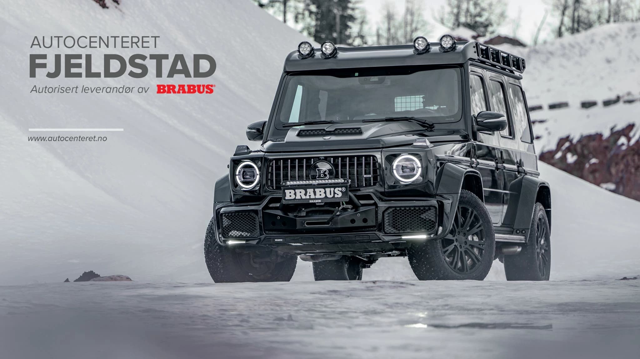 Annonse med en svart Brabus G-Klasse i snø og Fjeldstad-logoen.