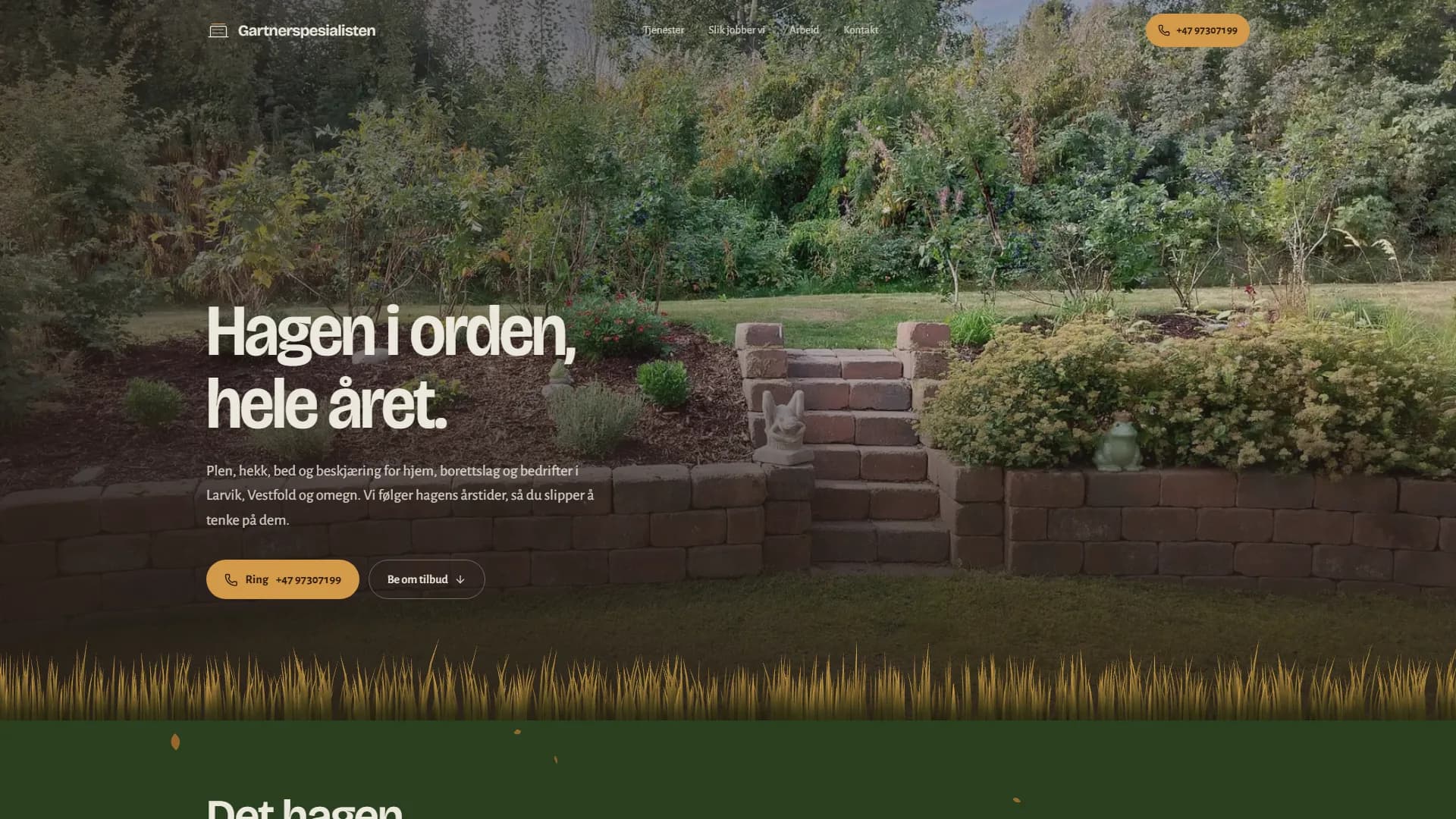 Forsiden til gartnerspesialisten.no med en stelt hage, natursteinstrapp og overskriften «Hagen i orden, hele året».