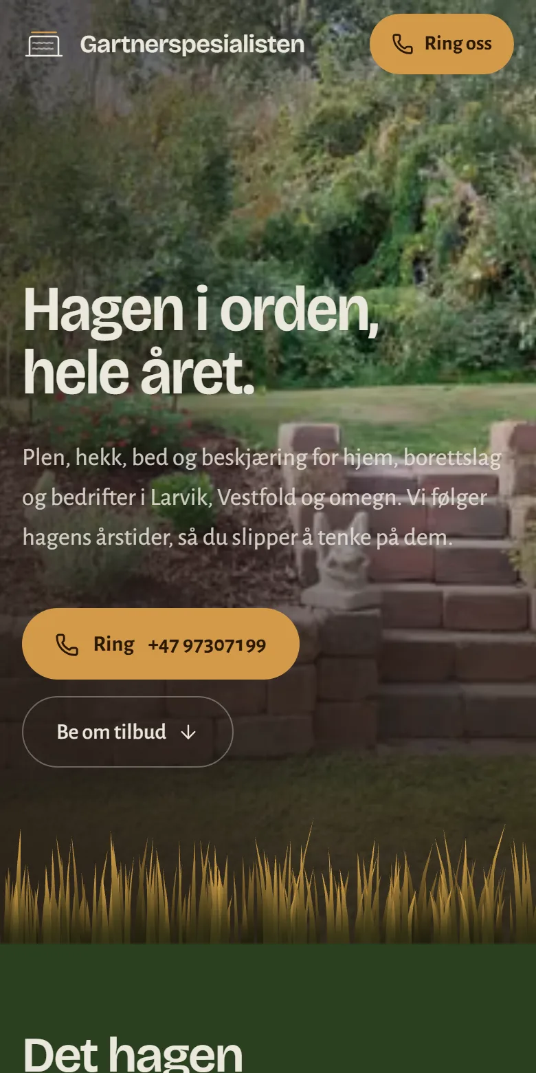 Forsiden til gartnerspesialisten.no med en stelt hage, natursteinstrapp og overskriften «Hagen i orden, hele året».