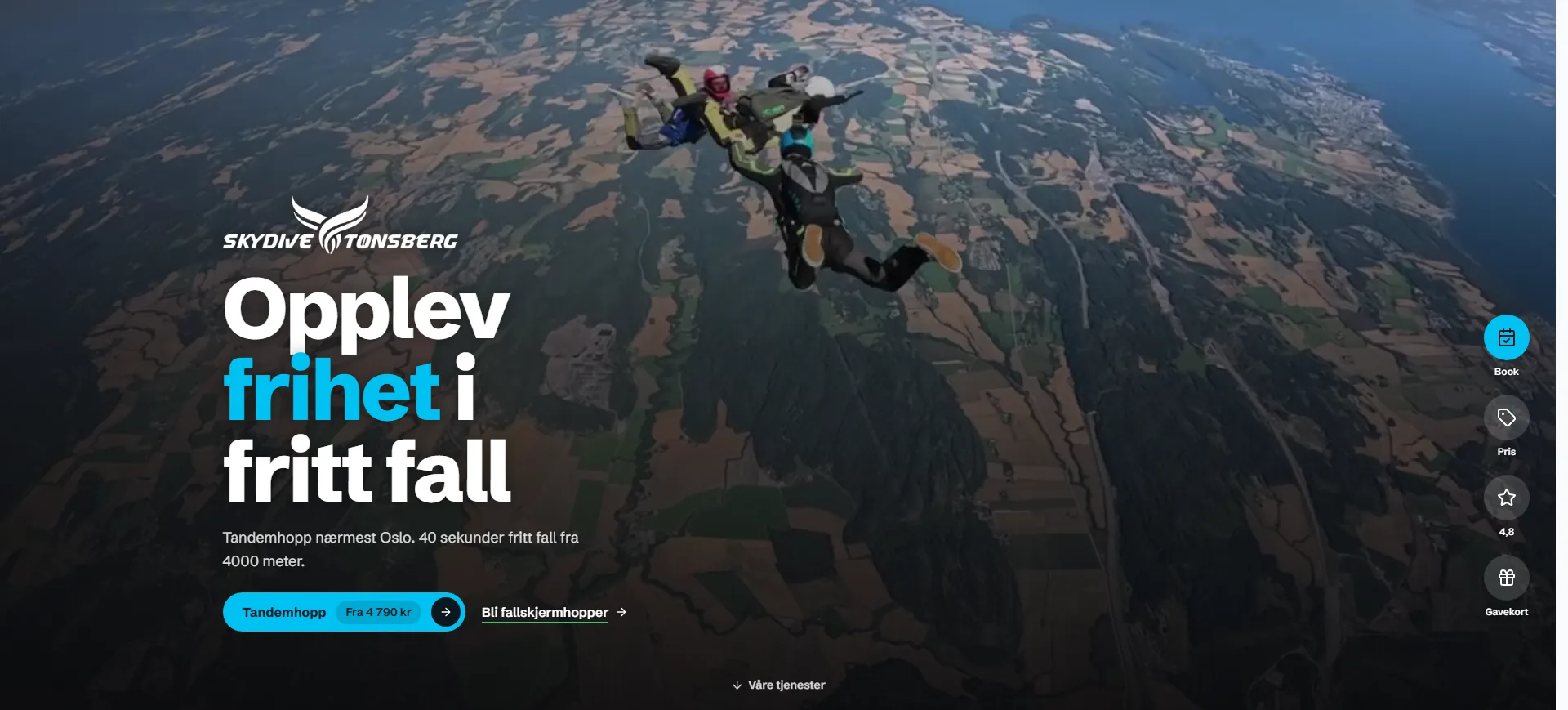 Den nye nettsiden til Skydive Tønsberg på desktop.