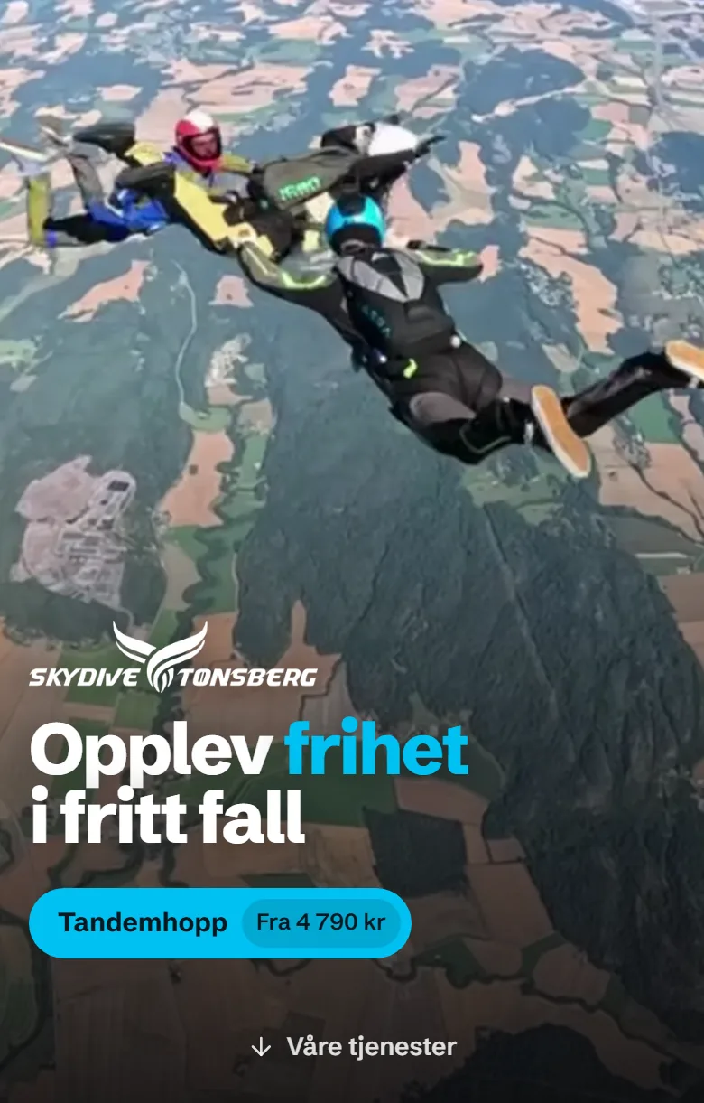 Den nye nettsiden til Skydive Tønsberg på mobil.