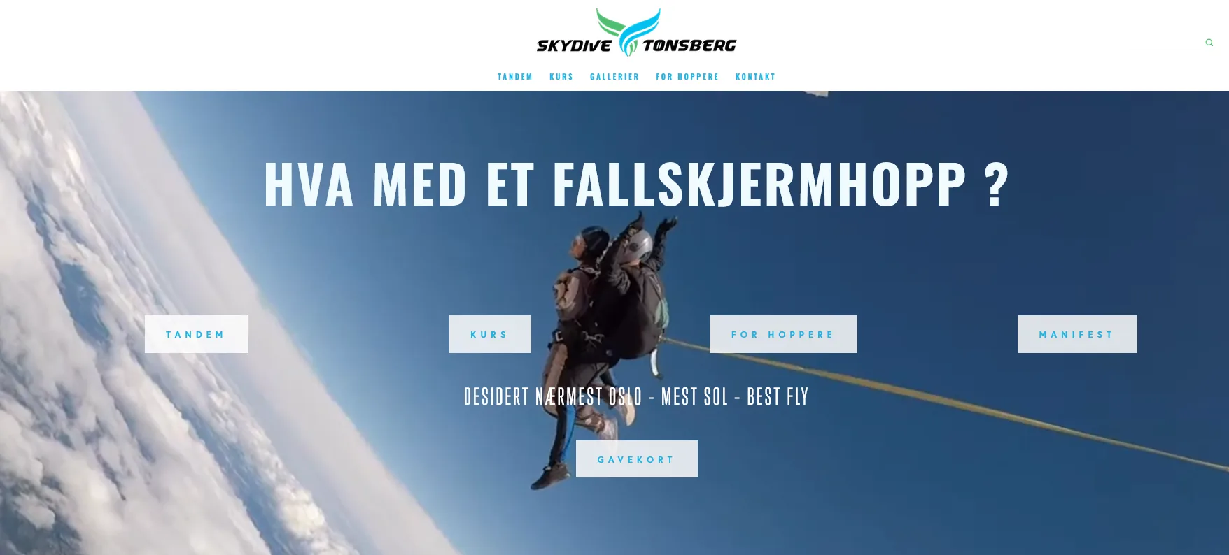 Den gamle nettsiden til Skydive Tønsberg på desktop.