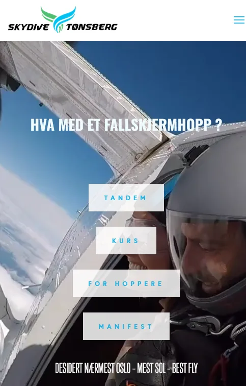 Den gamle nettsiden til Skydive Tønsberg på mobil.